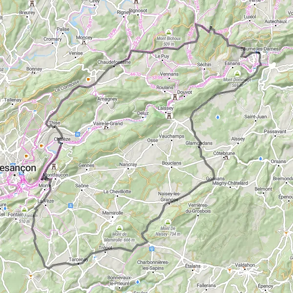 Map miniature of "Franche-Comté Discovery" cycling inspiration in Franche-Comté, France. Generated by Tarmacs.app cycling route planner