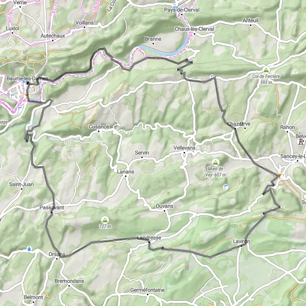 Miniature de la carte de l'inspiration cycliste "Circuit du Vallée du Cusancin" dans la Franche-Comté, France. Générée par le planificateur d'itinéraire cycliste Tarmacs.app