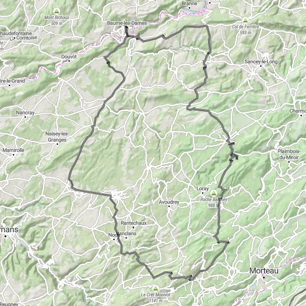 Map miniature of "Baume-les-Dames and the Jura Mountain Circular Road" cycling inspiration in Franche-Comté, France. Generated by Tarmacs.app cycling route planner