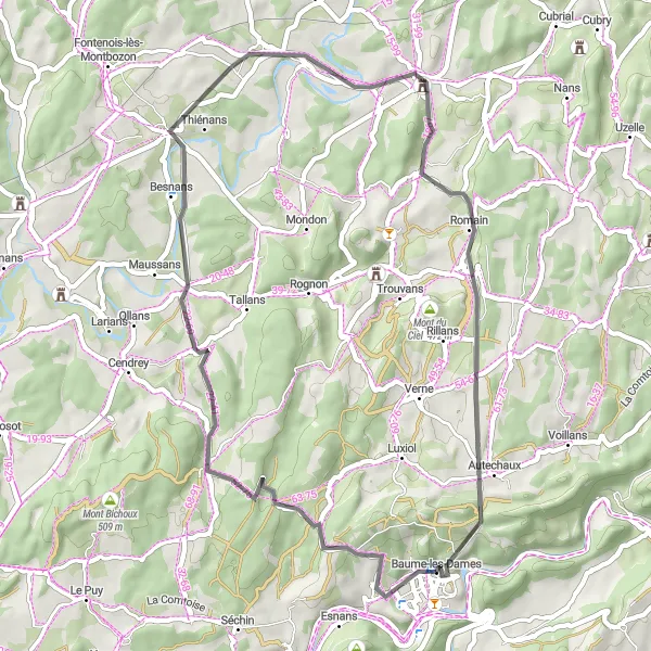 Miniature de la carte de l'inspiration cycliste "Parcours de Montbozon" dans la Franche-Comté, France. Générée par le planificateur d'itinéraire cycliste Tarmacs.app