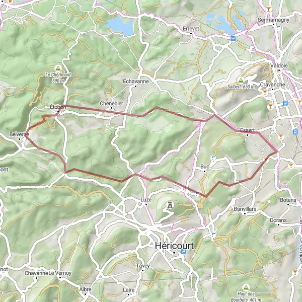 Miniature de la carte de l'inspiration cycliste "Circuit des Chemins de Terre" dans la Franche-Comté, France. Générée par le planificateur d'itinéraire cycliste Tarmacs.app