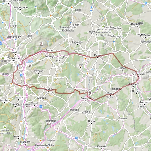 Map miniature of "Denney Gravel Exploration" cycling inspiration in Franche-Comté, France. Generated by Tarmacs.app cycling route planner