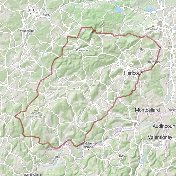 Map miniature of "Franche-Comté Gravel Tour" cycling inspiration in Franche-Comté, France. Generated by Tarmacs.app cycling route planner