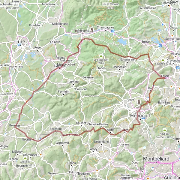 Miniature de la carte de l'inspiration cycliste "Randonnée des Collines Comtoises" dans la Franche-Comté, France. Générée par le planificateur d'itinéraire cycliste Tarmacs.app