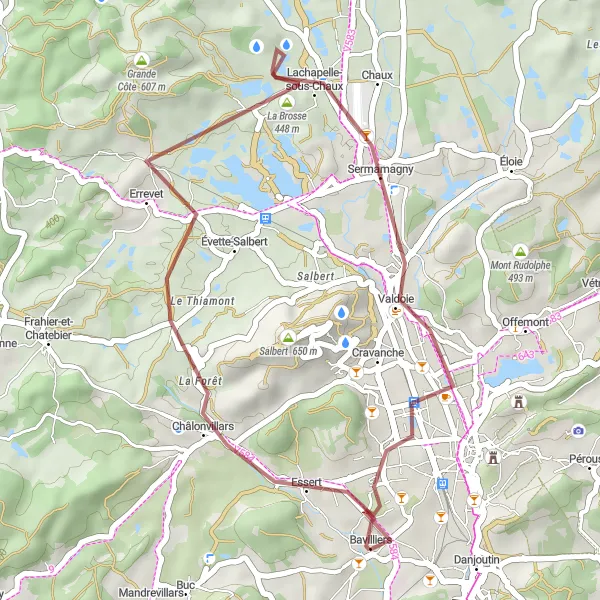 Miniature de la carte de l'inspiration cycliste "Exploration gravel autour de Bavilliers" dans la Franche-Comté, France. Générée par le planificateur d'itinéraire cycliste Tarmacs.app