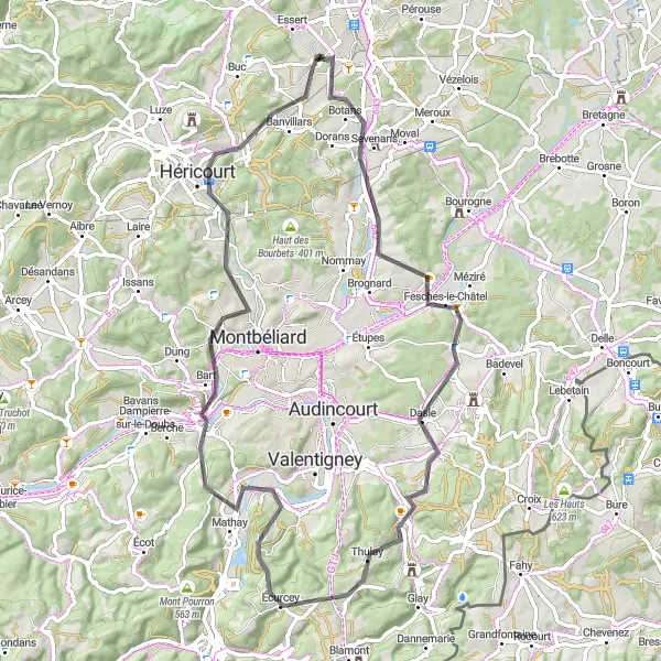 Miniature de la carte de l'inspiration cycliste "Parcours pittoresque autour de Bavilliers" dans la Franche-Comté, France. Générée par le planificateur d'itinéraire cycliste Tarmacs.app