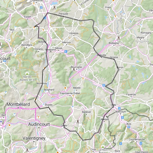 Miniature de la carte de l'inspiration cycliste "Les routes pittoresques de l'Est" dans la Franche-Comté, France. Générée par le planificateur d'itinéraire cycliste Tarmacs.app