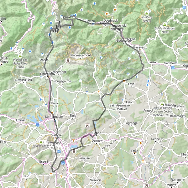 Map miniature of "Ballon d'Alsace Circuit" cycling inspiration in Franche-Comté, France. Generated by Tarmacs.app cycling route planner