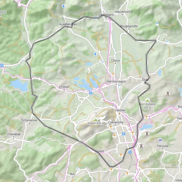 Miniature de la carte de l'inspiration cycliste "Boucle Pittoresque autour de Bavilliers" dans la Franche-Comté, France. Générée par le planificateur d'itinéraire cycliste Tarmacs.app