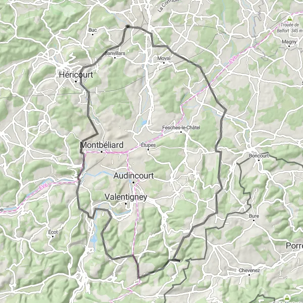 Miniature de la carte de l'inspiration cycliste "Bavilliers - Belvédère de Mandeure" dans la Franche-Comté, France. Générée par le planificateur d'itinéraire cycliste Tarmacs.app