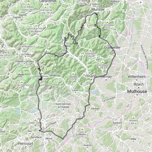Map miniature of "Circuito delle Montagne Road Route" cycling inspiration in Franche-Comté, France. Generated by Tarmacs.app cycling route planner