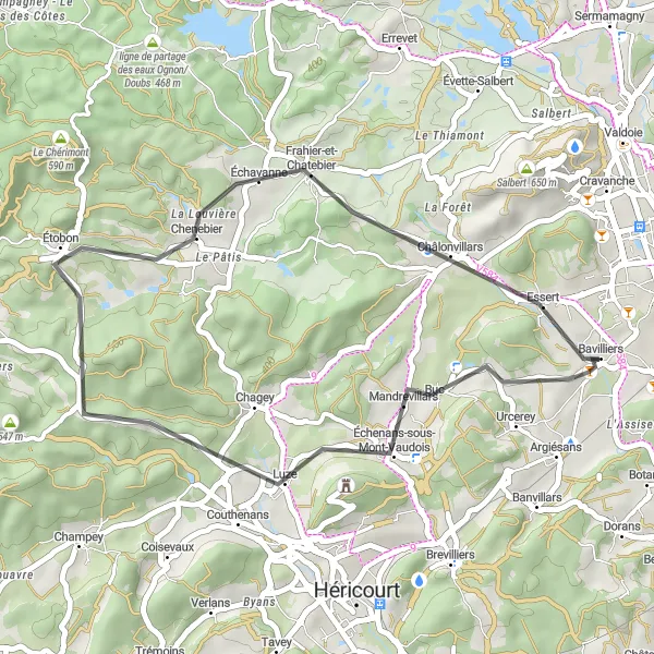 Map miniature of "Bavilliers to Échenans-sous-Mont-Vaudois" cycling inspiration in Franche-Comté, France. Generated by Tarmacs.app cycling route planner