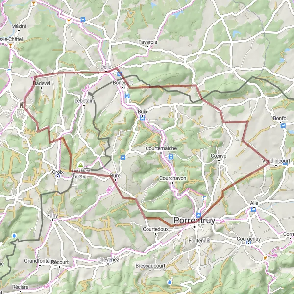 Map miniature of "Beaucourt Gravel Adventure" cycling inspiration in Franche-Comté, France. Generated by Tarmacs.app cycling route planner