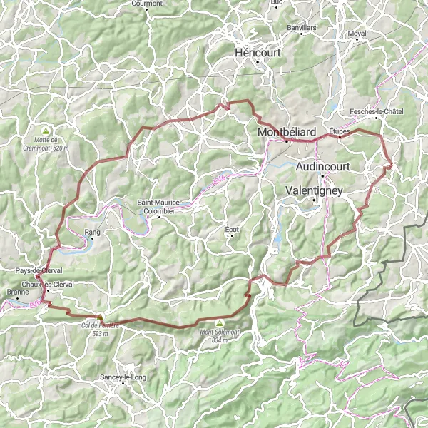 Miniature de la carte de l'inspiration cycliste "Circuit épique vers Montbéliard" dans la Franche-Comté, France. Générée par le planificateur d'itinéraire cycliste Tarmacs.app