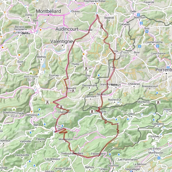 Map miniature of "Beaucourt Gravel Loop" cycling inspiration in Franche-Comté, France. Generated by Tarmacs.app cycling route planner