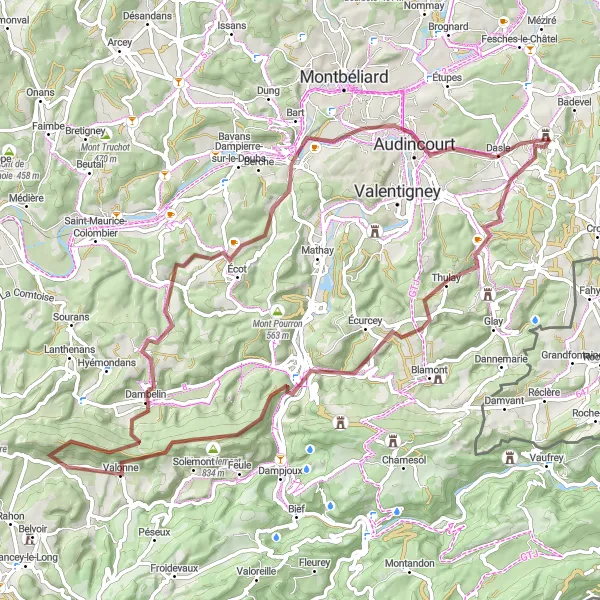 Miniature de la carte de l'inspiration cycliste "Tour des 7 villages" dans la Franche-Comté, France. Générée par le planificateur d'itinéraire cycliste Tarmacs.app