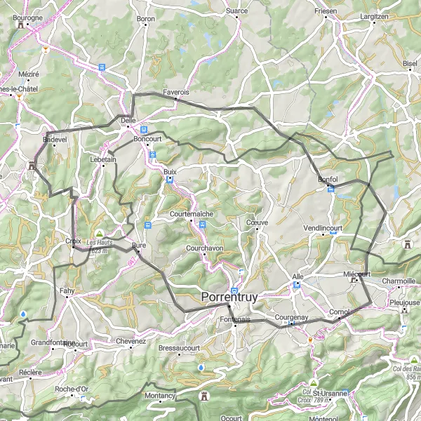 Map miniature of "Beaucourt to Grammont Loop" cycling inspiration in Franche-Comté, France. Generated by Tarmacs.app cycling route planner