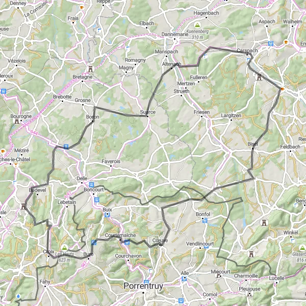 Map miniature of "Beaucourt - Badevel" cycling inspiration in Franche-Comté, France. Generated by Tarmacs.app cycling route planner