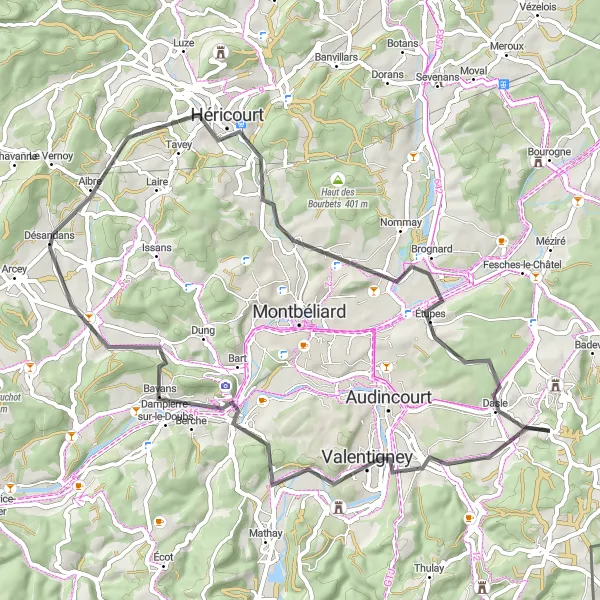 Map miniature of "Beaucourt to Aibre" cycling inspiration in Franche-Comté, France. Generated by Tarmacs.app cycling route planner