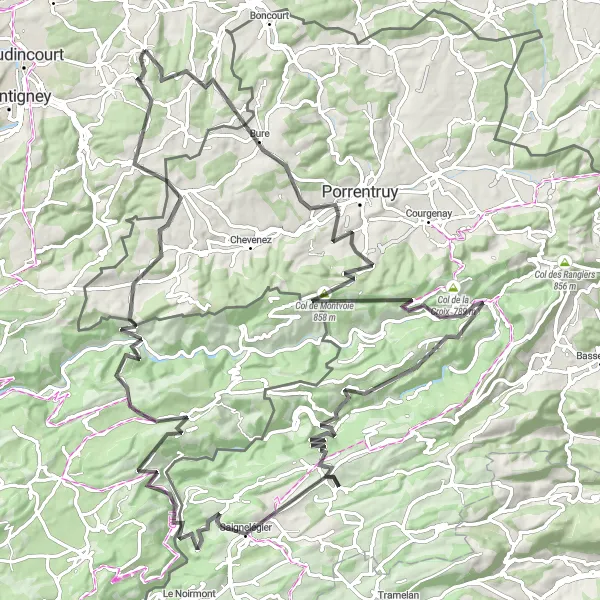 Map miniature of "Beaucourt to Col de Montvoie" cycling inspiration in Franche-Comté, France. Generated by Tarmacs.app cycling route planner