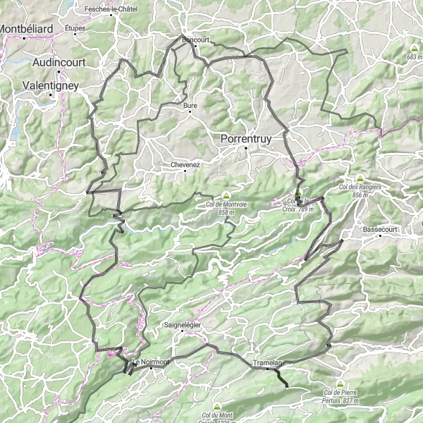 Miniature de la carte de l'inspiration cycliste "Défi des cols jurassiens" dans la Franche-Comté, France. Générée par le planificateur d'itinéraire cycliste Tarmacs.app