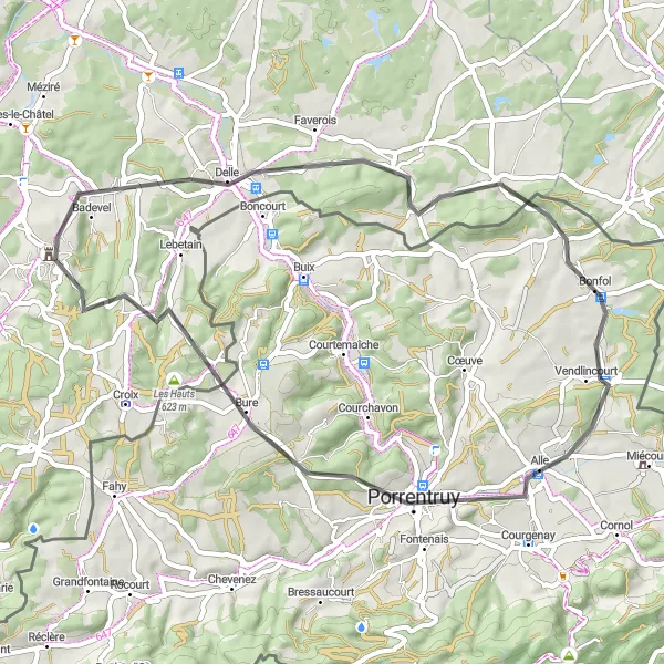 Miniature de la carte de l'inspiration cycliste "Parcours routier à travers Bonfol" dans la Franche-Comté, France. Générée par le planificateur d'itinéraire cycliste Tarmacs.app