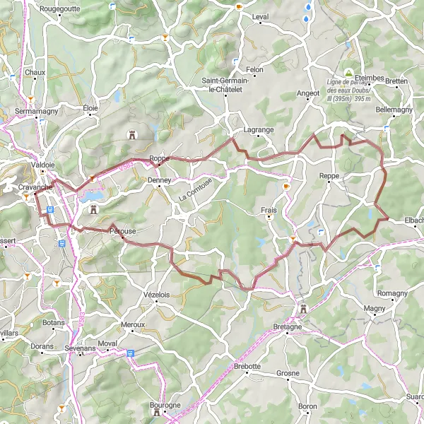 Map miniature of "Roppe and Chèvremont Discovery" cycling inspiration in Franche-Comté, France. Generated by Tarmacs.app cycling route planner