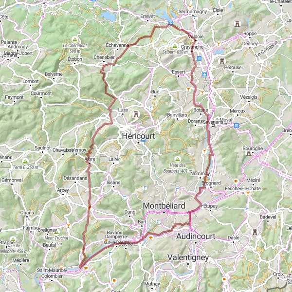 Miniature de la carte de l'inspiration cycliste "Escapade dans les collines de l'est" dans la Franche-Comté, France. Générée par le planificateur d'itinéraire cycliste Tarmacs.app