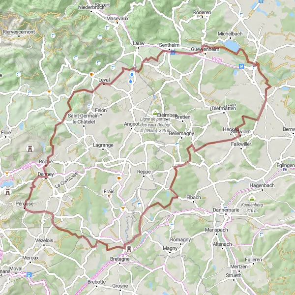Miniature de la carte de l'inspiration cycliste "Parcours des collines de l'ouest" dans la Franche-Comté, France. Générée par le planificateur d'itinéraire cycliste Tarmacs.app