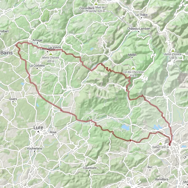 Miniature de la carte de l'inspiration cycliste "La boucle gravel au cœur des Vosges" dans la Franche-Comté, France. Générée par le planificateur d'itinéraire cycliste Tarmacs.app