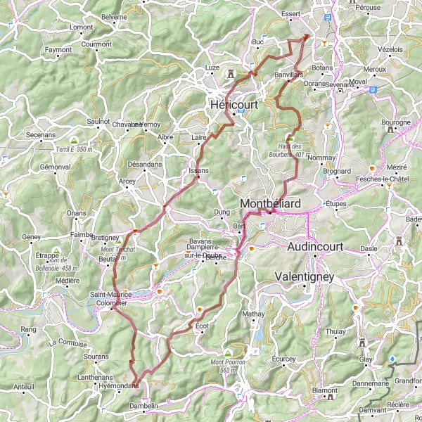 Map miniature of "Mountainous Gravel Challenge" cycling inspiration in Franche-Comté, France. Generated by Tarmacs.app cycling route planner