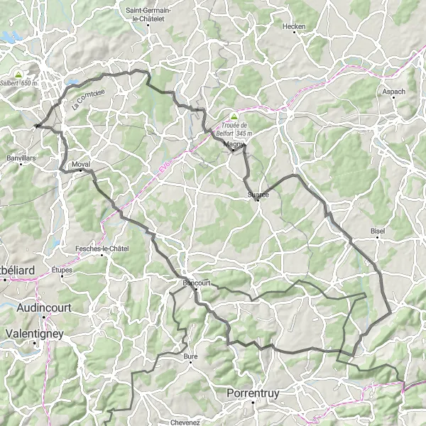 Miniature de la carte de l'inspiration cycliste "Tour des plaines et des villages" dans la Franche-Comté, France. Générée par le planificateur d'itinéraire cycliste Tarmacs.app
