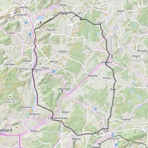 Map miniature of "Denney and Andelnans Ride" cycling inspiration in Franche-Comté, France. Generated by Tarmacs.app cycling route planner