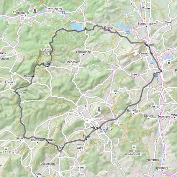 Map miniature of "Scenic Road Tour" cycling inspiration in Franche-Comté, France. Generated by Tarmacs.app cycling route planner
