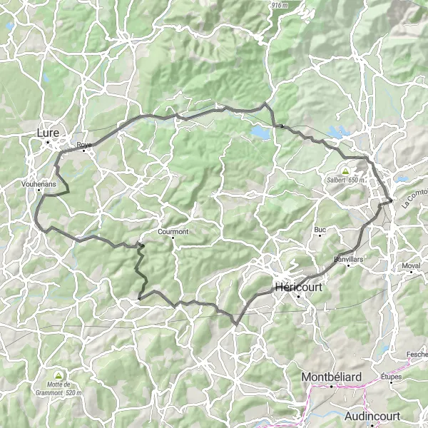Miniature de la carte de l'inspiration cycliste "Les routes pittoresques de Bavilliers et Aibre" dans la Franche-Comté, France. Générée par le planificateur d'itinéraire cycliste Tarmacs.app