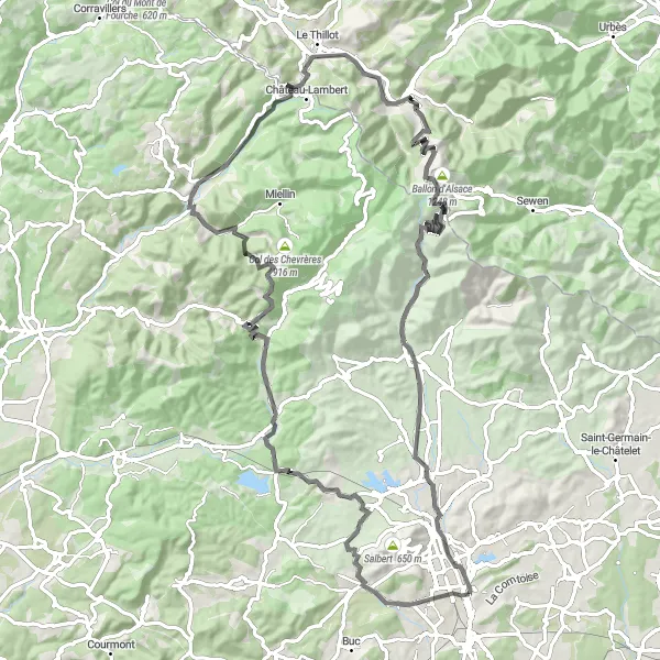 Miniature de la carte de l'inspiration cycliste "Le défi des cols vosgiens" dans la Franche-Comté, France. Générée par le planificateur d'itinéraire cycliste Tarmacs.app