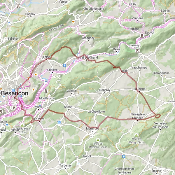 Miniature de la carte de l'inspiration cycliste "Circuit des Villages Comtois" dans la Franche-Comté, France. Générée par le planificateur d'itinéraire cycliste Tarmacs.app