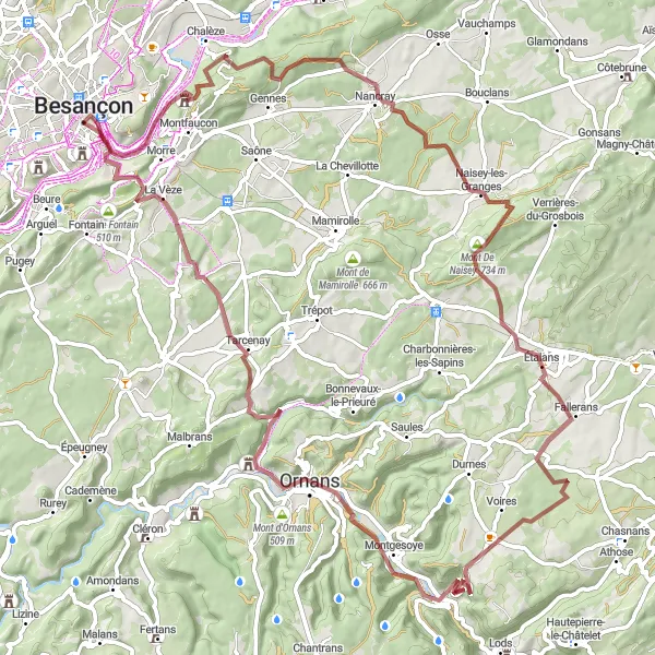 Map miniature of "Mountain Gravel Challenge" cycling inspiration in Franche-Comté, France. Generated by Tarmacs.app cycling route planner