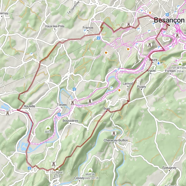 Map miniature of "Gravel Cycling Route: Besançon Loop" cycling inspiration in Franche-Comté, France. Generated by Tarmacs.app cycling route planner