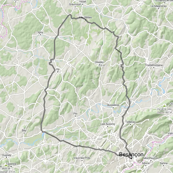 Miniature de la carte de l'inspiration cycliste "Boucle à vélo de Besançon" dans la Franche-Comté, France. Générée par le planificateur d'itinéraire cycliste Tarmacs.app