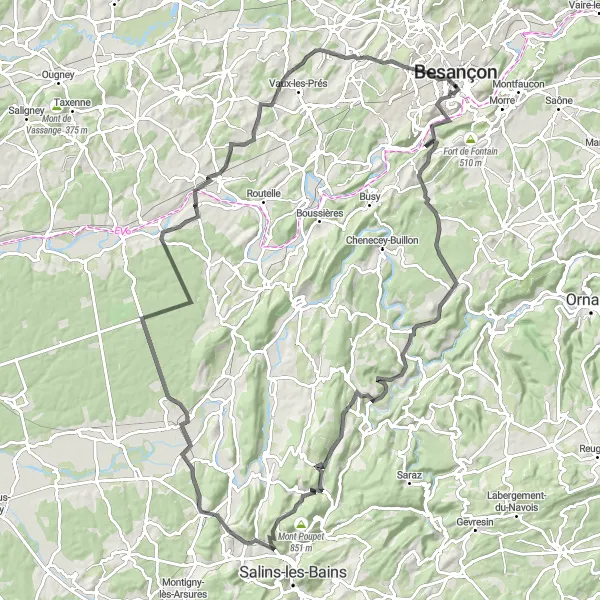 Miniature de la carte de l'inspiration cycliste "Tour des Monts de Franche-Comté" dans la Franche-Comté, France. Générée par le planificateur d'itinéraire cycliste Tarmacs.app