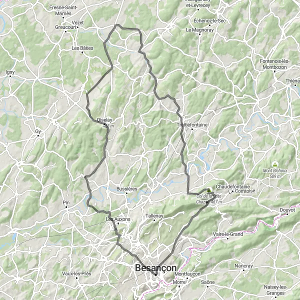 Map miniature of "Road Cycling Route: Besançon to Fondremand" cycling inspiration in Franche-Comté, France. Generated by Tarmacs.app cycling route planner