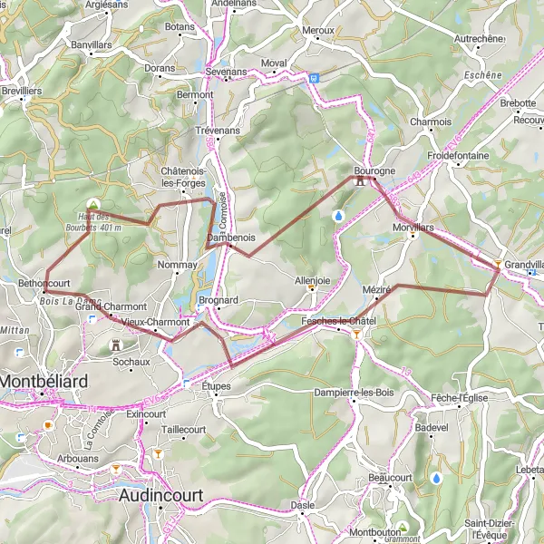 Map miniature of "Gravel Adventure: Bethoncourt to Vieux-Charmont" cycling inspiration in Franche-Comté, France. Generated by Tarmacs.app cycling route planner