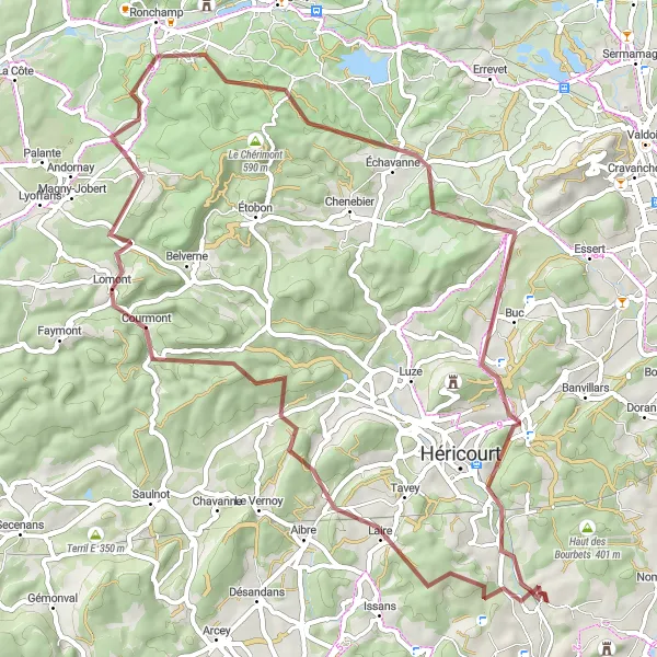 Map miniature of "Trémoins and more - Gravel Cycling Adventure" cycling inspiration in Franche-Comté, France. Generated by Tarmacs.app cycling route planner