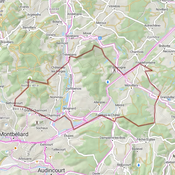 Map miniature of "Scenic Gravel Route: Bethoncourt to Étupes" cycling inspiration in Franche-Comté, France. Generated by Tarmacs.app cycling route planner