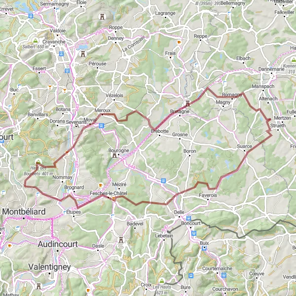 Map miniature of "Picturesque Gravel Route: Bethoncourt to Montreux-Vieux" cycling inspiration in Franche-Comté, France. Generated by Tarmacs.app cycling route planner