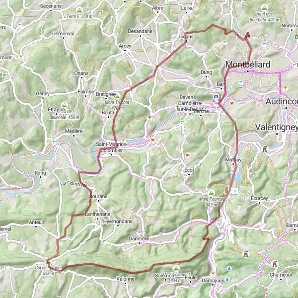Map miniature of "Montbéliard Gravel Adventure" cycling inspiration in Franche-Comté, France. Generated by Tarmacs.app cycling route planner
