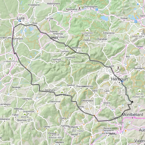Map miniature of "Road Cycling Voyage to Lure" cycling inspiration in Franche-Comté, France. Generated by Tarmacs.app cycling route planner