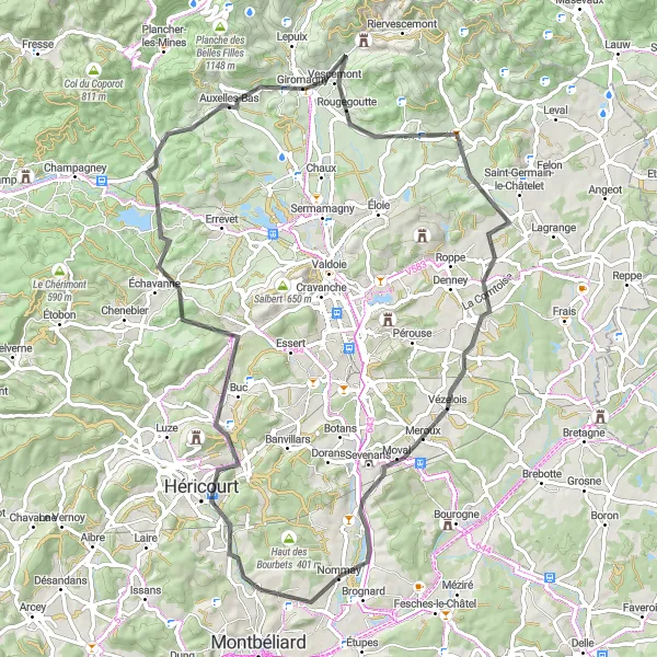 Miniature de la carte de l'inspiration cycliste "Escapade à Chèvremont et ses alentours" dans la Franche-Comté, France. Générée par le planificateur d'itinéraire cycliste Tarmacs.app