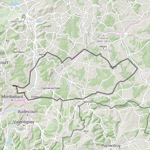 Miniature de la carte de l'inspiration cycliste "Balade à Étupes et ses environs" dans la Franche-Comté, France. Générée par le planificateur d'itinéraire cycliste Tarmacs.app